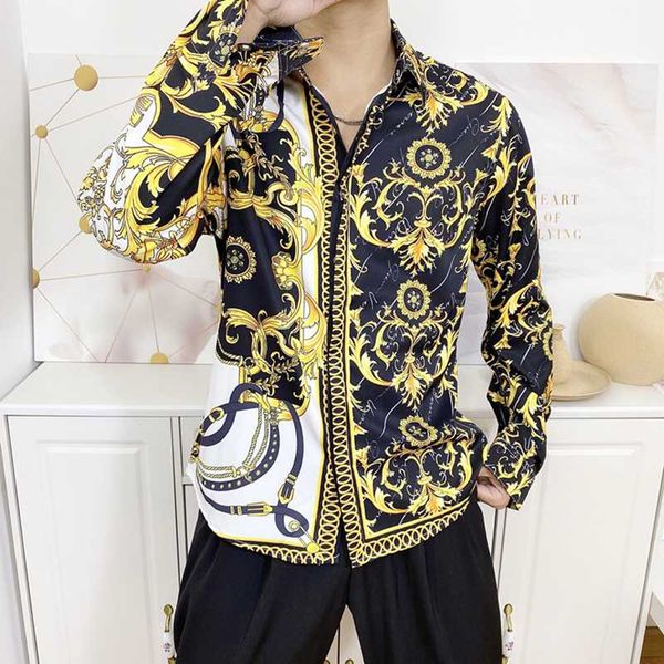 new autumn men dress shirts hipster long sleeve fancy shirts men luxury design baroque floral print wedding party prom, White;black